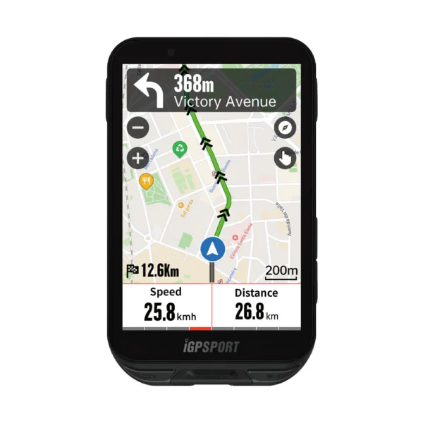 Nouveautés Compteur GPS vélo iGPSPORT iGS800 de face, écran tactile couleur 3,5 pouces affichant la navigation cartographique