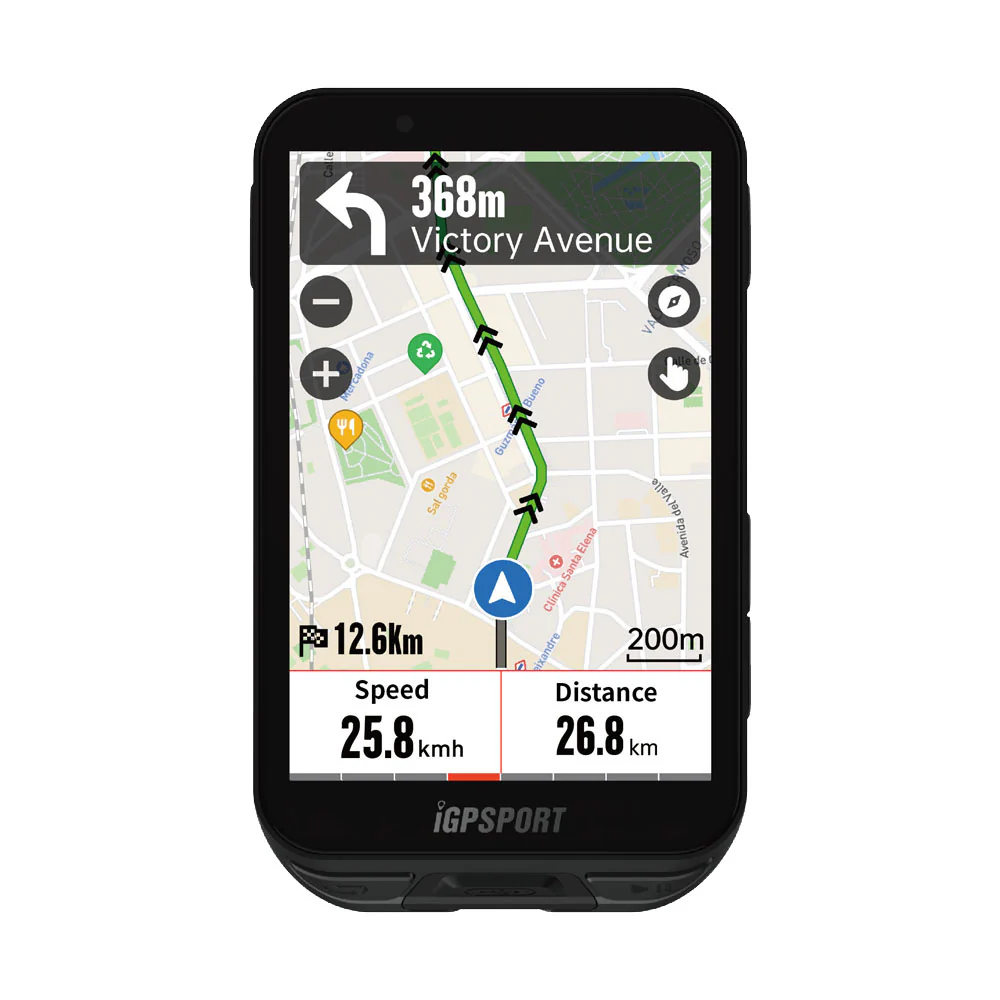 iGPSPORT iGS800 — compteur GPS vélo Compteur GPS vélo iGPSPORT iGS800 de face, écran tactile couleur 3,5 pouces affichant la navigation cartographique