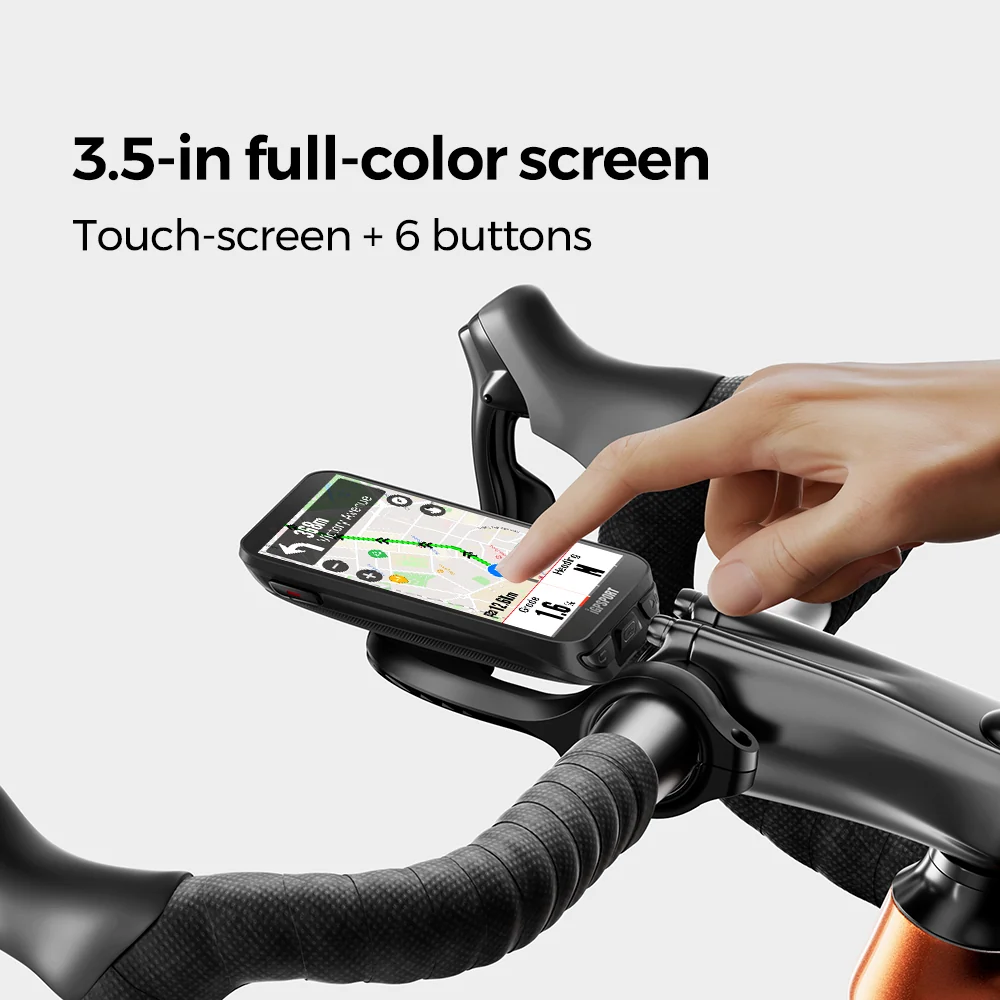 iGPSPORT iGS800 monté sur cintre iGPSPORT iGS800 monté sur un support quart de tour au-dessus du cintre, écran tactile 3,5 pouces utilisé en roulant