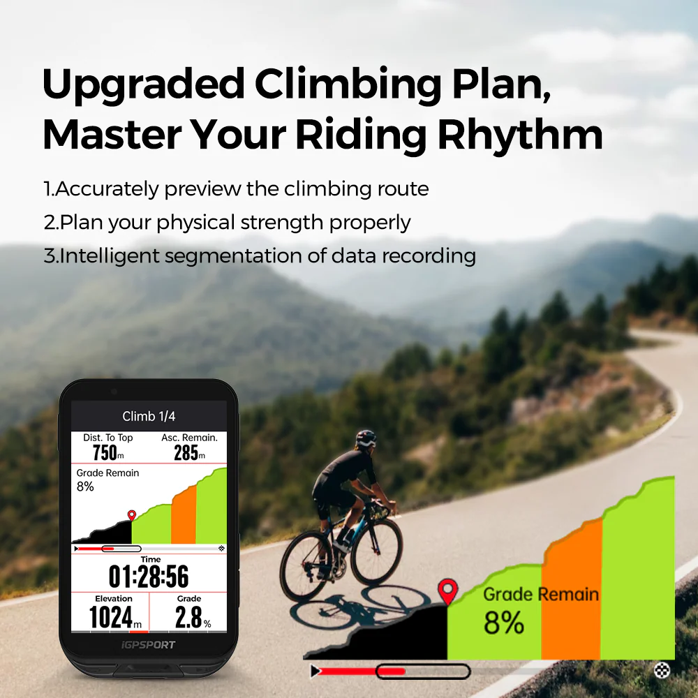 iGPSPORT iGS800 — i-Climb Pro Fonction i-Climb Pro de l'iGPSPORT iGS800 affichant le profil du col restant, la pente et le dénivelé à parcourir