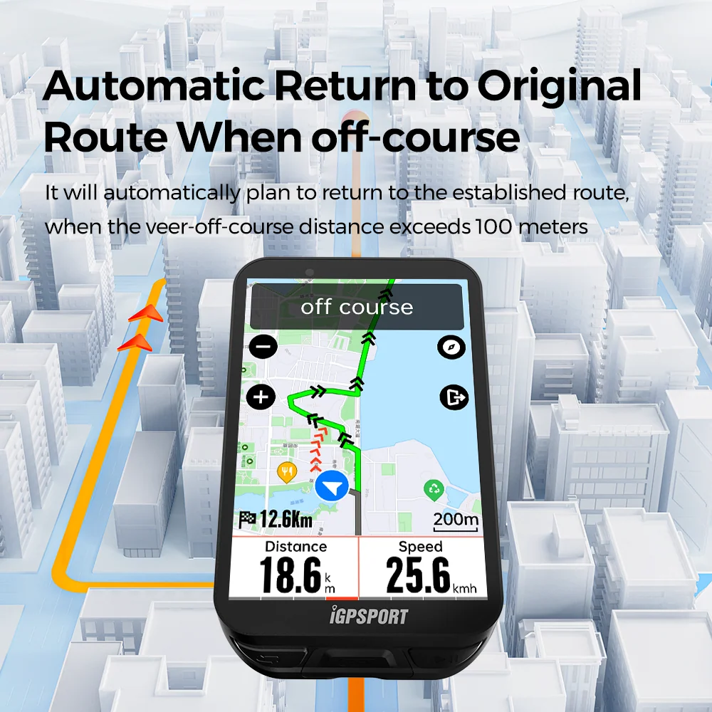 iGPSPORT iGS800 — recalcul automatique itinéraire Écran de l'iGPSPORT iGS800 affichant off course et le recalcul automatique du retour sur le parcours